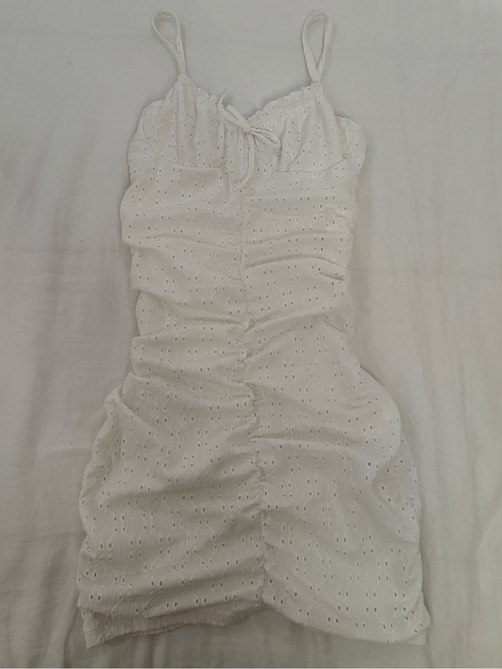 H&M White Eyelet Ruched Spaghetti-Strap Mini Dress